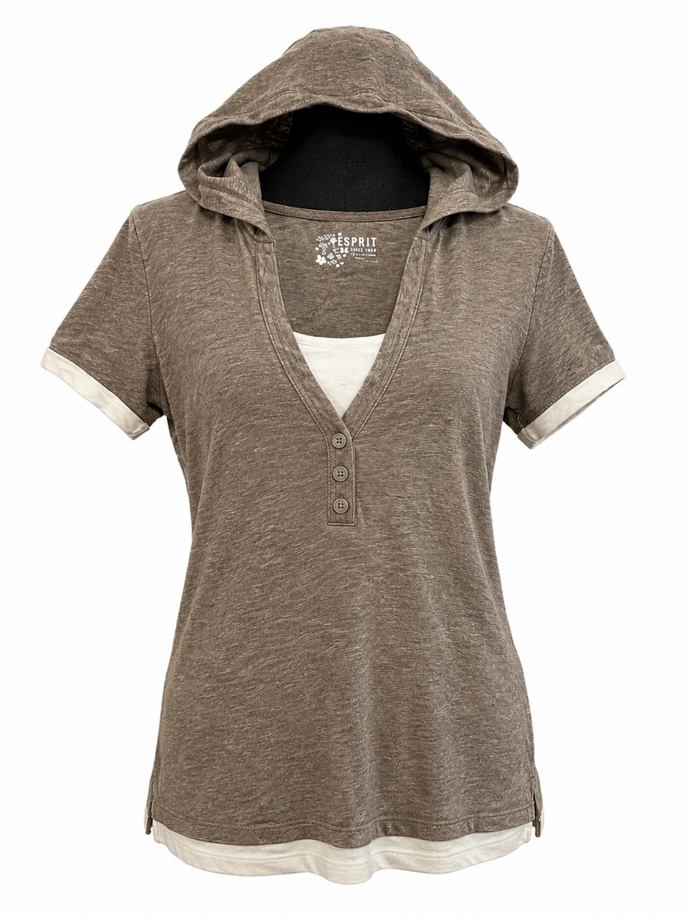 ESPRIT BROWN AND WHITE HOODED SHORT SLEEVE TOP